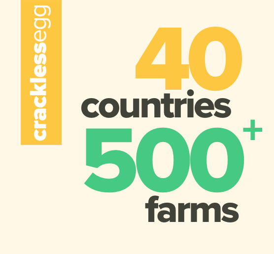 Text that reads 40 countries 500+ farms with the CracklessEgg logo