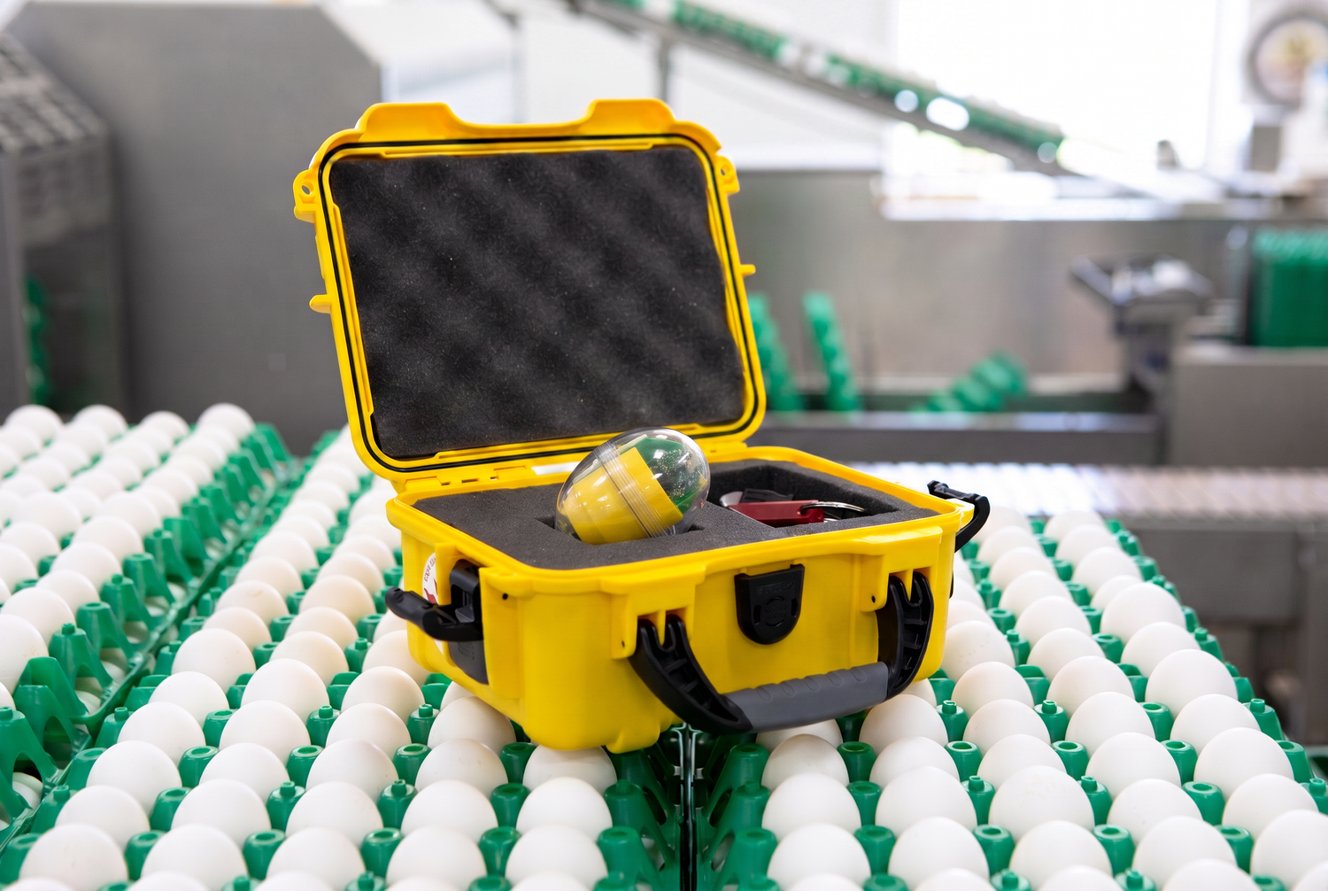 CracklessEgg transparent egg sensor stored in a protective carrying case on an egg processing line.