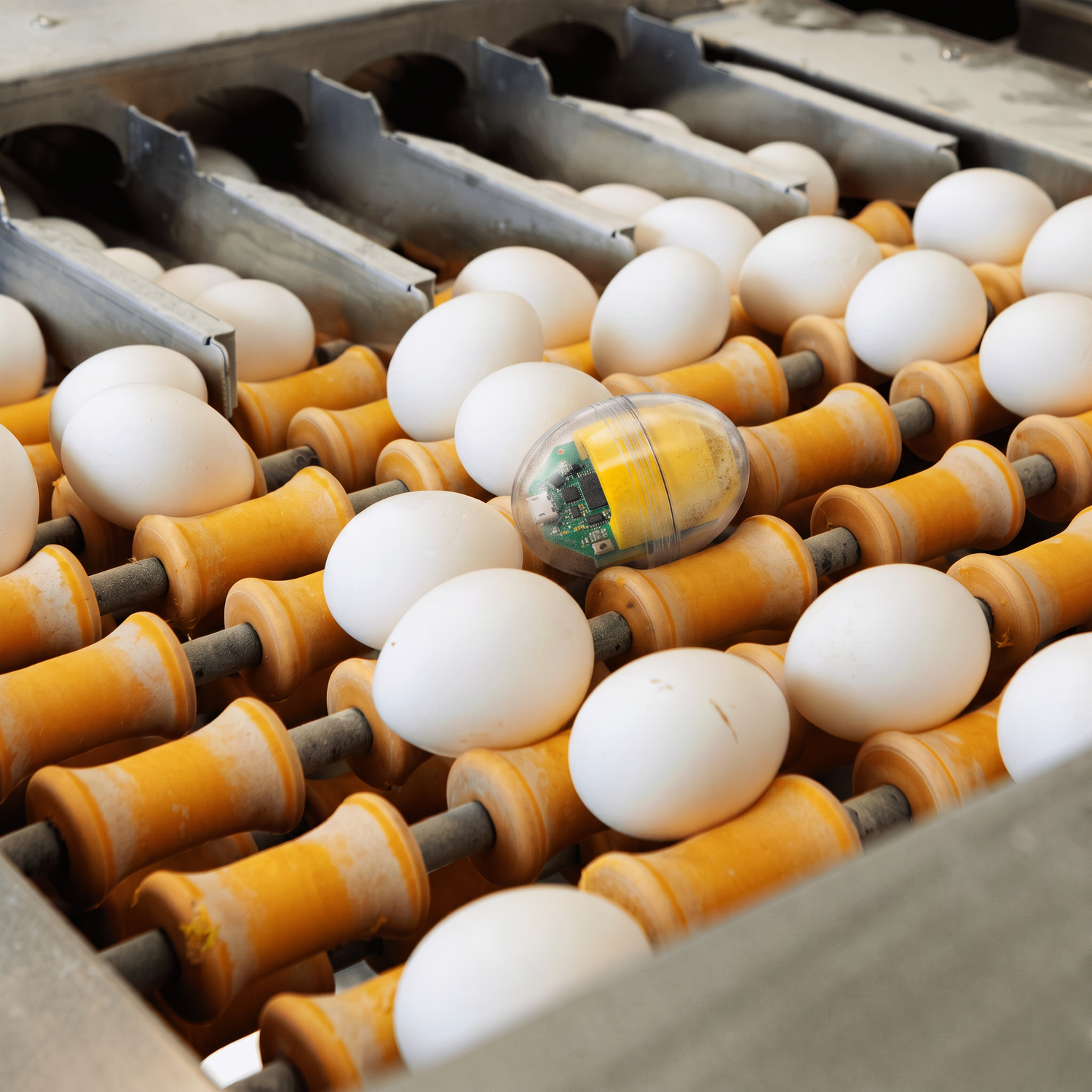 CracklessEgg transparent sensor travelling through an egg processing line alongside production eggs.